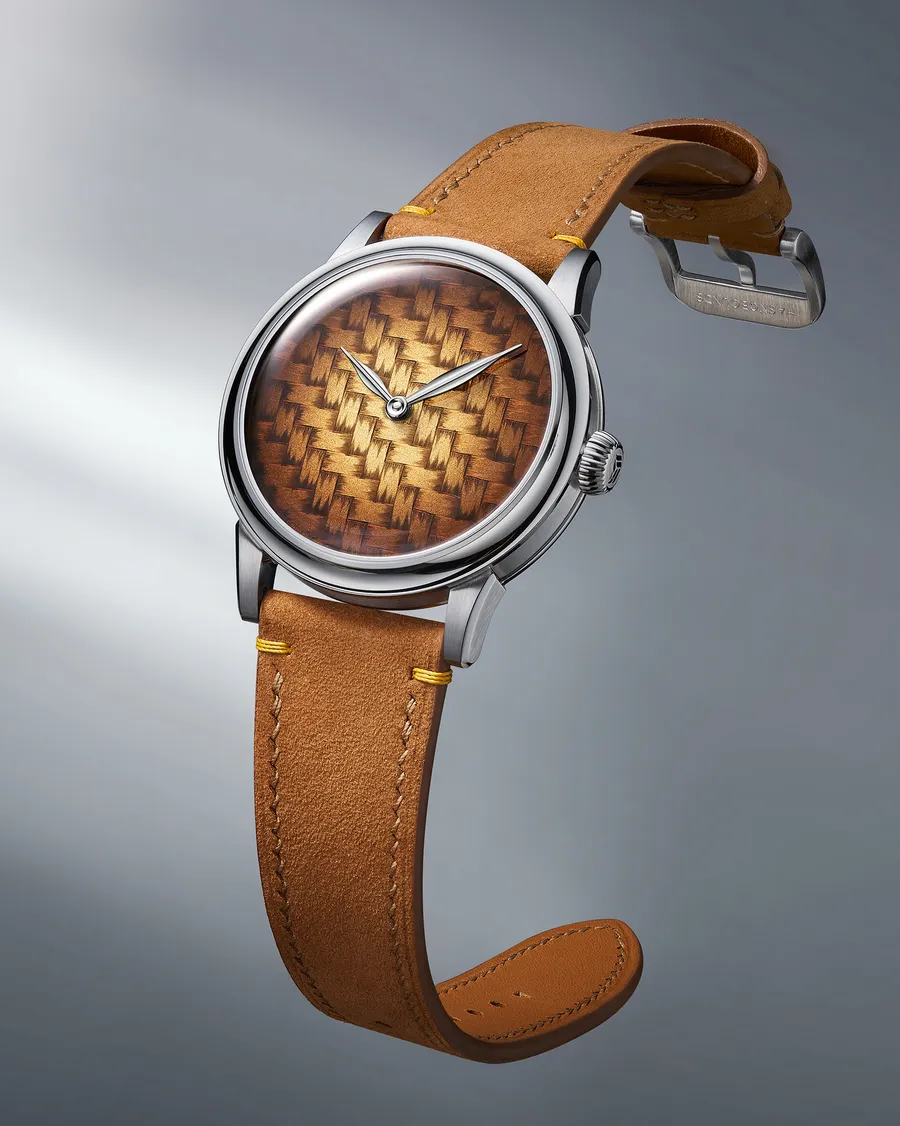 Selten Yum Cha (WH&C x Selten), amber fumé grand feu enamel dial with bamboo-weave engraving, on tan nubuck strap