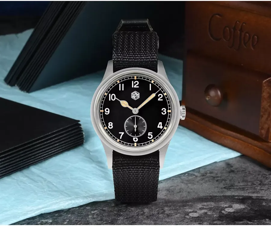 San Martin SN0105-G-XA 36mm with matte black small-seconds dial on black nylon strap
