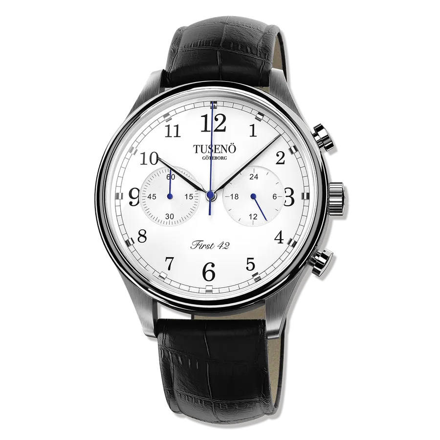 Tusenö First 42, silver case, white dial, on black leather strap
