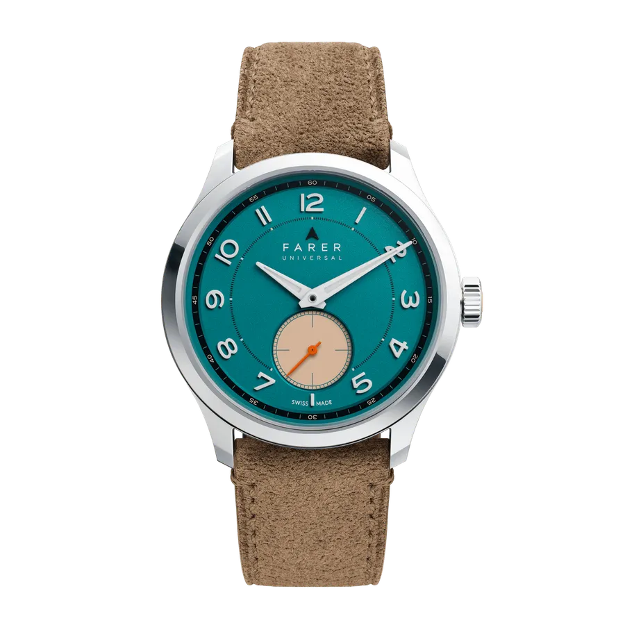 Farer Lissom Forrest, teal dial with peach sub-seconds, on tan suede leather strap