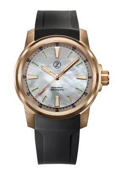 Zelos Aurora Field 42mm in bronze, grey-tinted mother-of-pearl dial, on black rubber strap