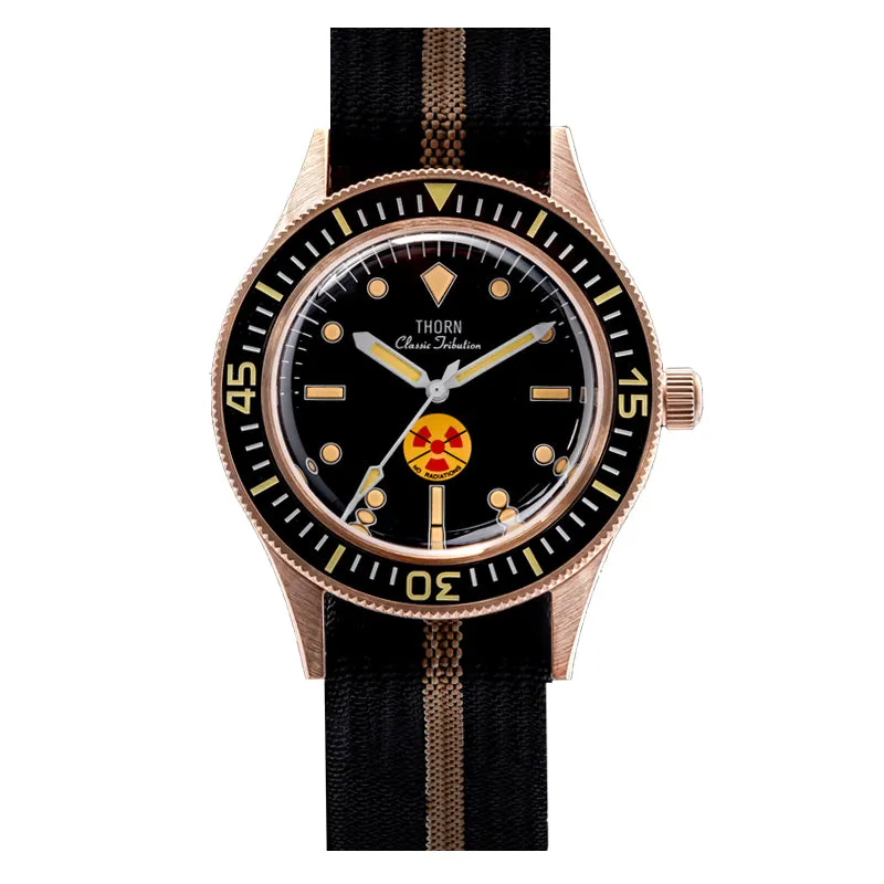 Thorn SHY038 bronze Fifty Fathoms-style diver with black dial, no-radiation emblem at 6 and Thorn logo on a black and khaki nylon strap