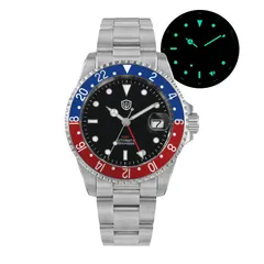 Watchdives WD0014 GMT with black dial, BGW9 lume and blue/red bezel