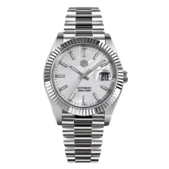 San Martin SN059-G V2 40mm with white mother-of-pearl dial, fluted bezel and cyclops date on president-style bracelet