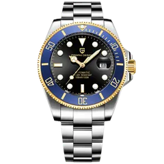 Pagani Design PD-1639 Gold with black dial and blue bezel on two-tone bracelet