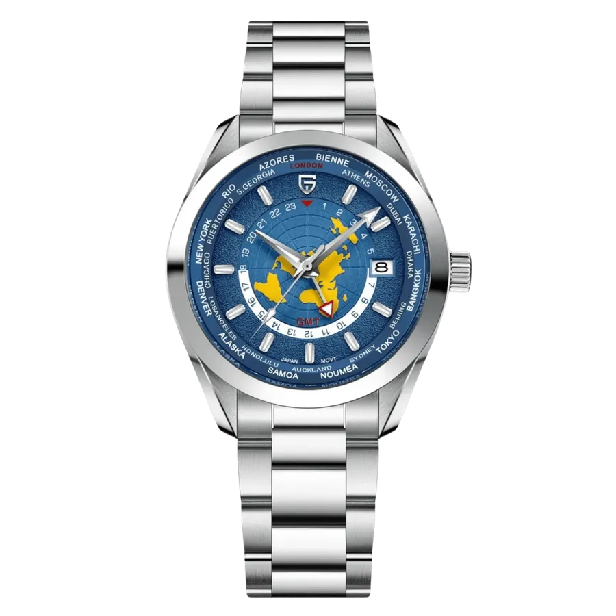 Pagani Design PD-1788 GMT with navy dial, ring of city names, 24-hour ring around a yellow world map and red-tipped GMT hand, on steel bracelet