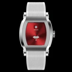MAEN x Nico Leonard Grand Tonneau Jump Hour MNL.03 with red sunray dial on white strap