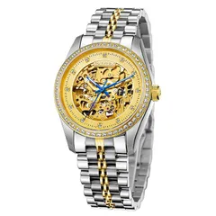Cadisen C8105 skeleton automatic with gold openworked dial and stone-set bezel on a two-tone bracelet