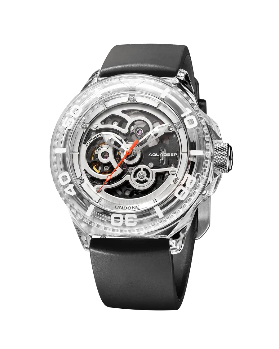 Undone Aquadeep K9 Crystal Black with transparent crystal case and dark skeleton movement on a black strap