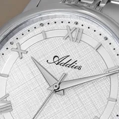 Addies AW25904 dial close-up showing the cross-hatched texture and applied Roman numerals