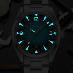 Addiesdive AD2508 lume shot of the blue dial, glowing blue