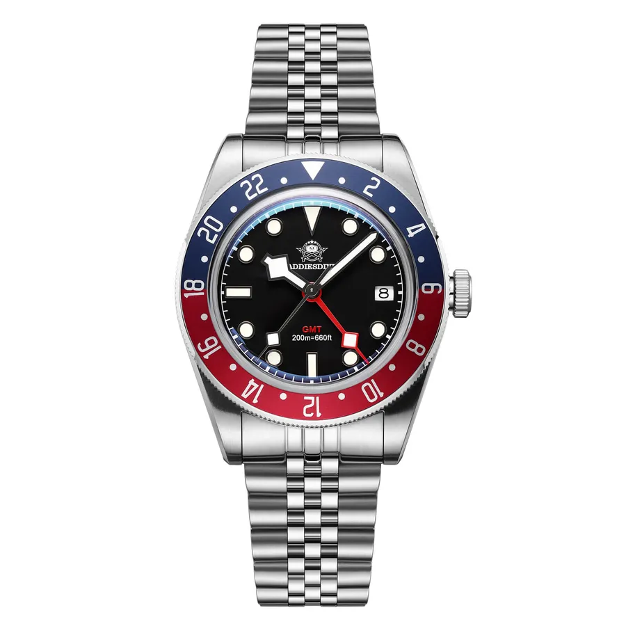 Addiesdive AD2044 GMT with black dial and blue-and-red 24-hour bezel on a jubilee-style bracelet