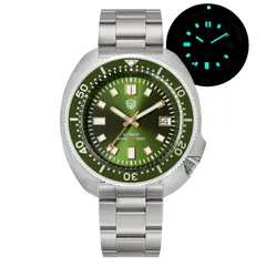 Watchdives WD6105 with green dial and green bezel on the 3-link bracelet, with lume shot