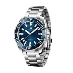 Pagani Design PD-1668 with blue striped dial and blue 12-sided bezel on steel bracelet