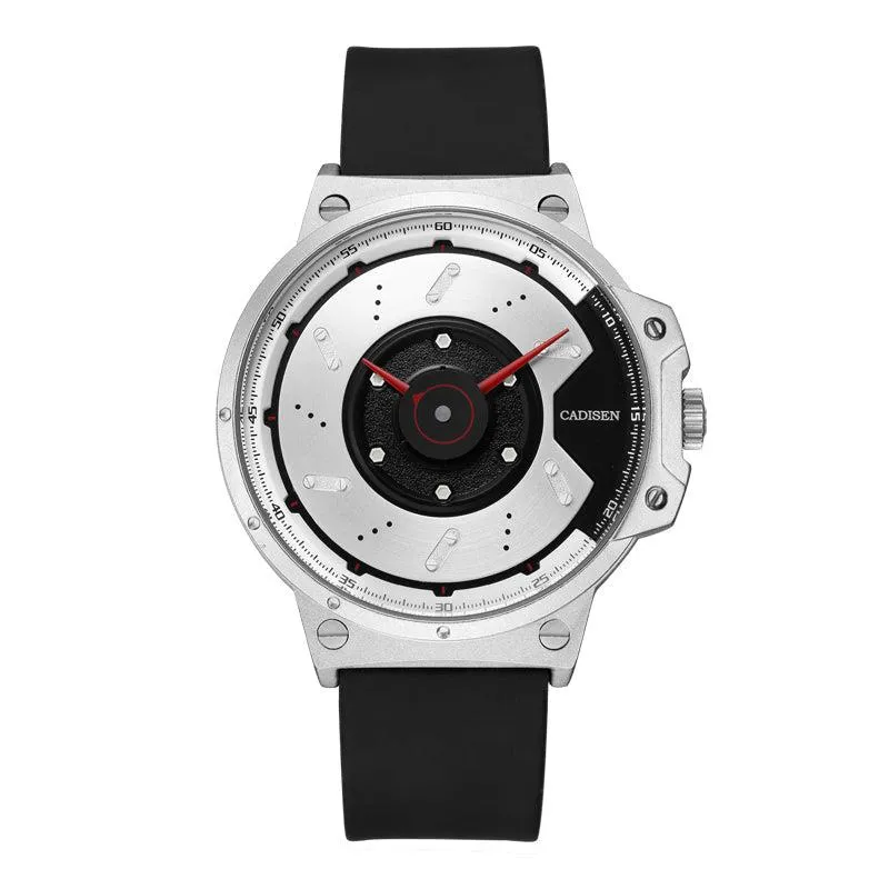 Cadisen C9059M three-hand quartz with silver-white brake-disc-style dial, black centre and red hands in a silver-tone case on a black silicone strap
