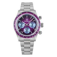 Watchdives WD6263 with purple dial and purple tachymeter bezel on the steel bracelet