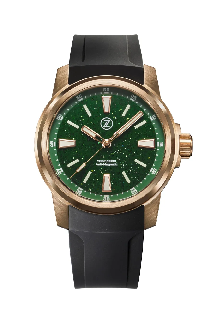 Zelos Aurora Field 38mm in bronze, green aventurine dial, on black rubber strap