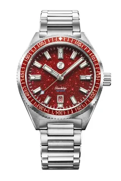 Zelos Blacktip 41mm SS Red Aventurine, red aventurine dial and matching aventurine bezel, on steel bracelet