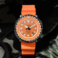 San Martin SN003G-CG with distressed black shroud, orange dial and orange bezel insert on orange rubber strap