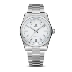 Traska Commuter 36, white lacquered no-date dial, front view