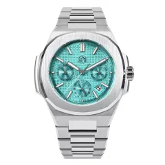 San Martin SN075-G-B2 with light blue waffle-pattern dial on steel bracelet