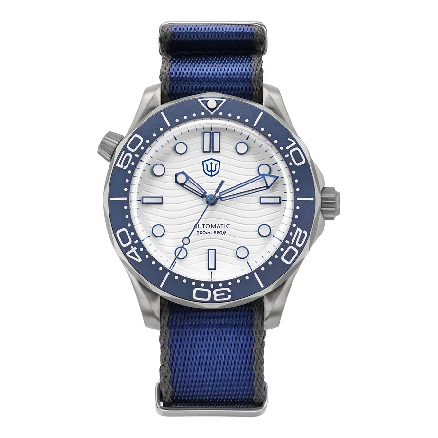 Watchdives WD007 Top Hat PT5000 with white wave dial and blue bezel on nylon strap