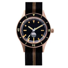 Thorn SHY039 bronze diver with sterile black dial and humidity indicator at 6 on a black and khaki nylon strap