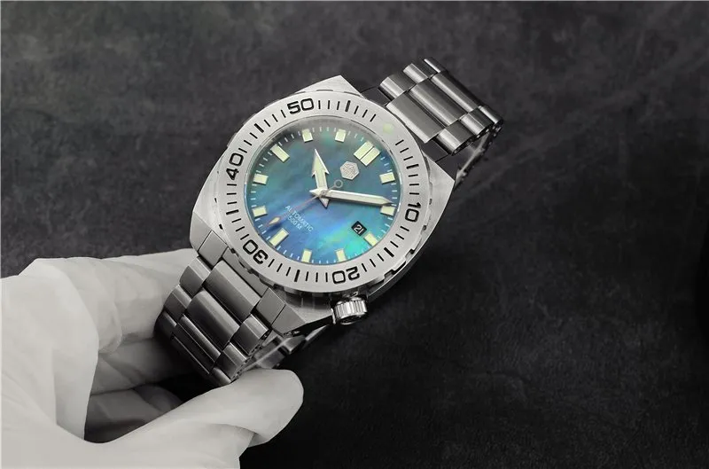 San Martin SH068 45mm cushion-case diver with blue mother-of-pearl dial on steel bracelet