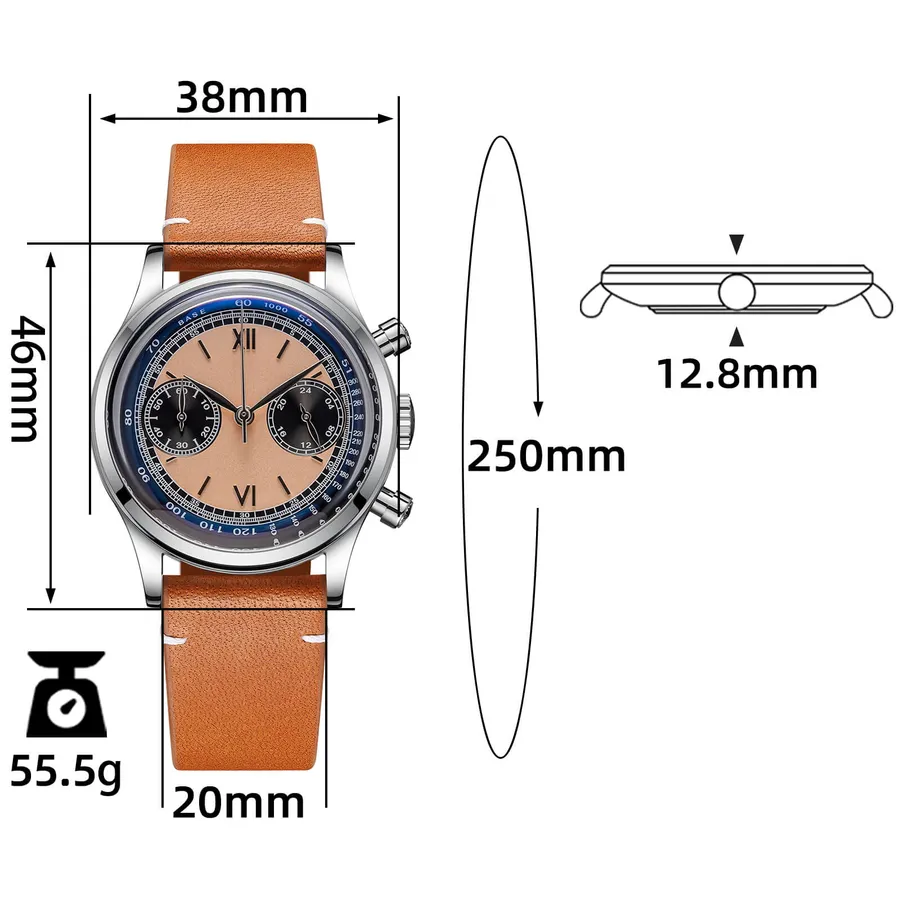 Addiesdive AD2037 chronograph on a brown leather strap, with the brand's dimension callouts