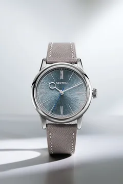 Selten Grand Feu Enamel Spiral Moonstone, bluish-grey enamel dial, on greige leather strap