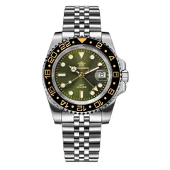 Addiesdive AD2050 GMT with green sunburst dial, gold-tone hands and black bezel with gold-tone numerals