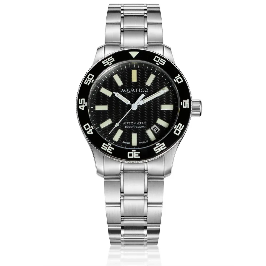 Aquatico Sea Sentinel Tritium with black dial and black ceramic bezel, on the steel bracelet
