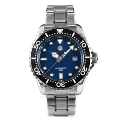 San Martin SN009-G with dark blue dial and black ceramic bezel, shown on a steel bracelet