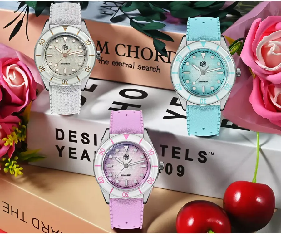 San Martin SN0151-GS 32.5mm in white/cream, light blue and pink mother-of-pearl on rubber straps