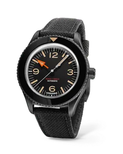 Undone Basecamp Classic Blackout with black-coated case, black dial and orange hour hand on a black Cordura strap