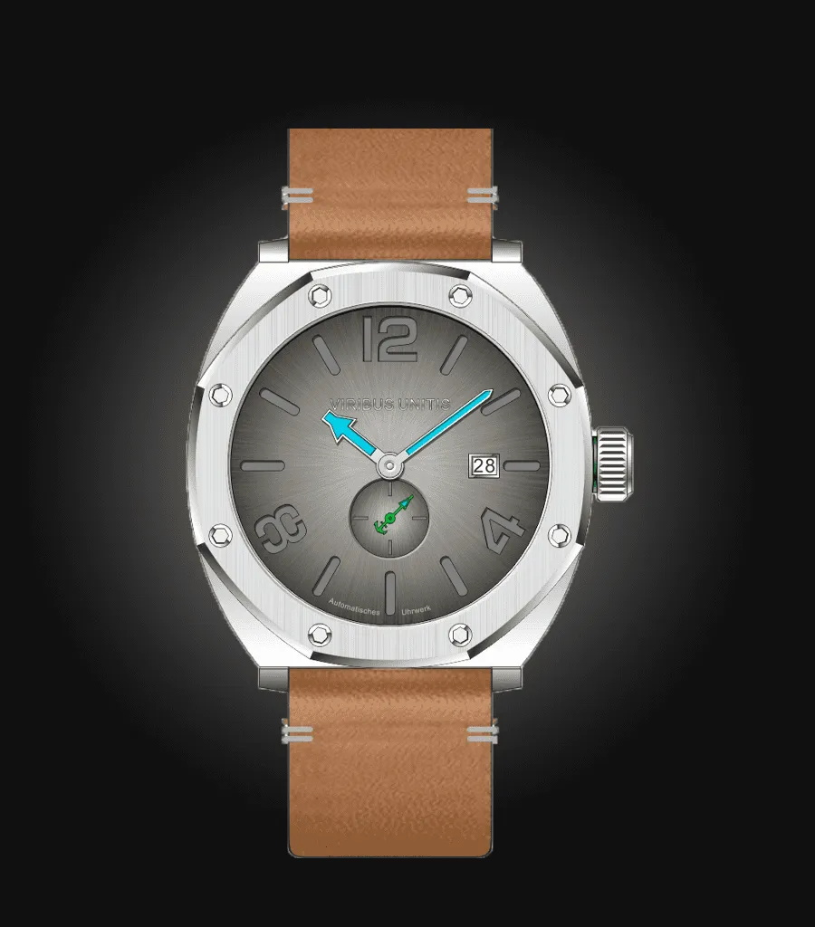 Viribus Unitis IR87, polished steel case, grey sunburst dial, on brown leather strap
