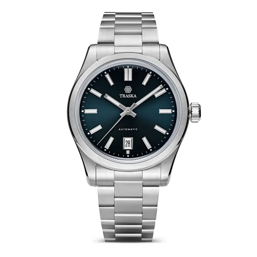 Traska Commuter 38 Date, blue sunburst dial with date at 6, on bracelet, front view