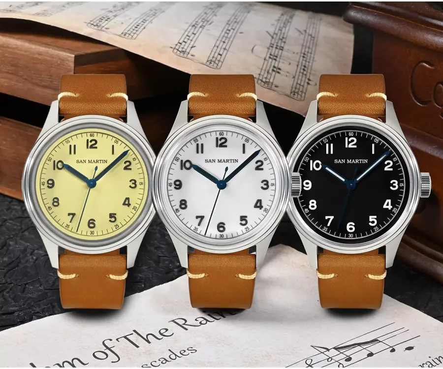 San Martin SN0108-G with light yellow, white and black dials and blue sword hands on tan leather straps