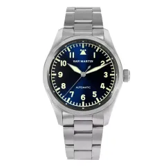 San Martin SN030-G-A3 with sunray blue Type A dial and printed logo on steel bracelet