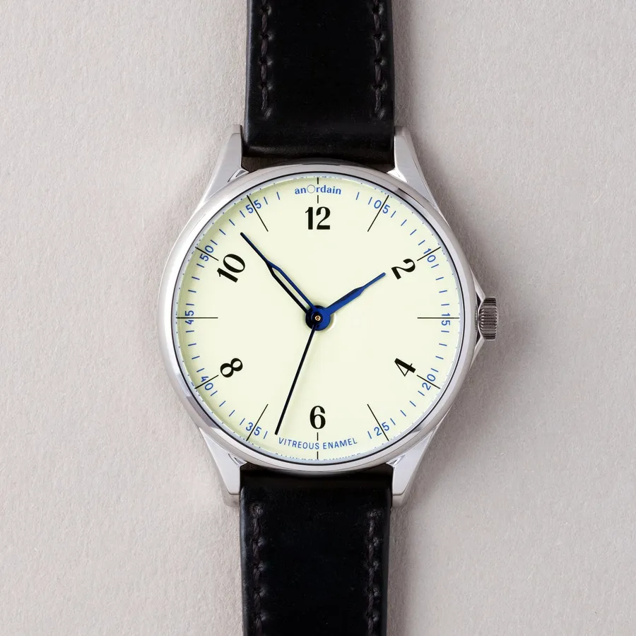 anOrdain Model 1 38mm Iron Cream, vitreous enamel dial, on black shell cordovan strap