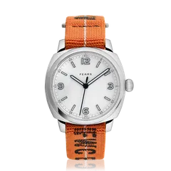Fears Brunswick 40 Odyssey Edition with white dial and blue lumed indices on an orange textile strap