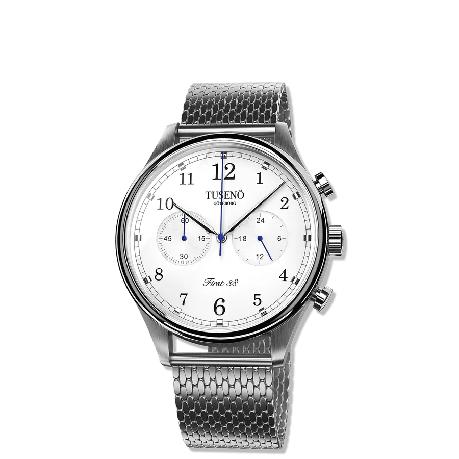 Tusenö First 38, silver case, white dial, on mesh bracelet