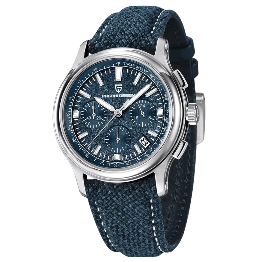 Pagani Design PD-1781 chronograph with textured blue dial, tachymeter flange and date, on blue strap