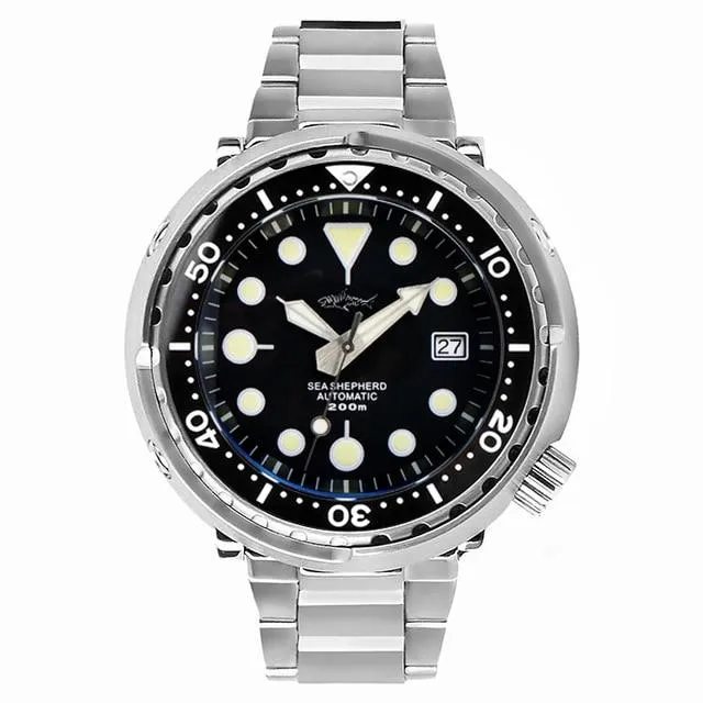 Heimdallr HMSG11 Tuna Can with black dial on steel bracelet