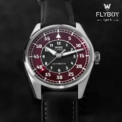 Wise Flyboy Type B FLB-15 in 904L steel, red and dark grey dial, on black leather strap