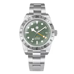 San Martin SN0054-G-C 39mm NH34 GMT with green dial and date at 3 on bracelet