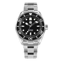San Martin SN036-G with black enamel dial and black bezel on steel bracelet