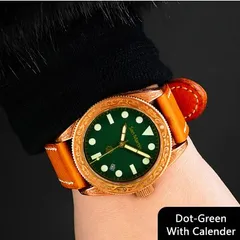 San Martin SN061-T 41mm carved bronze diver, dot green dial, date, on leather strap