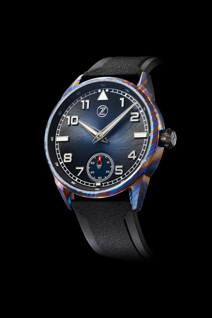 Zelos Skyraider 2 in heat-coloured Ti-Damascus, midnight blue fumé dial, on black rubber strap
