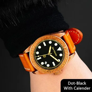 San Martin SN061-T 41mm carved bronze diver, dot black dial, date, on leather strap